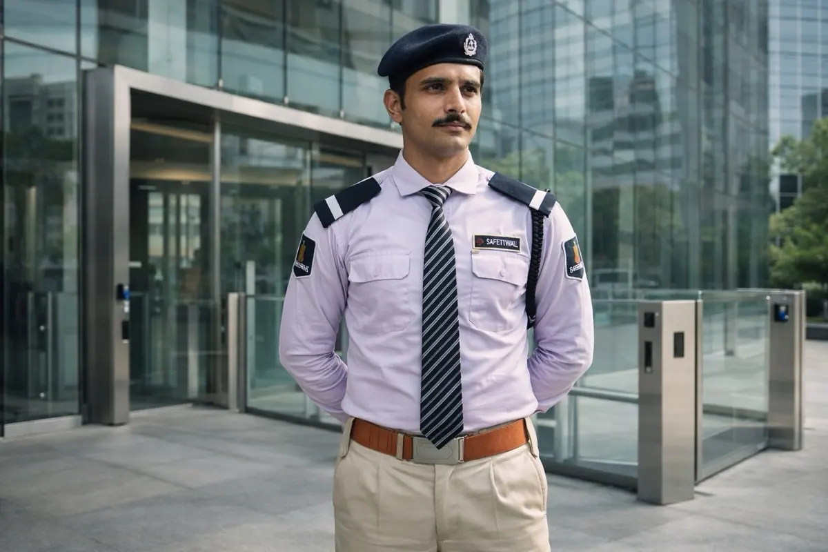 SafetyWall security guard on duty at a corporate tower in Hyderabad